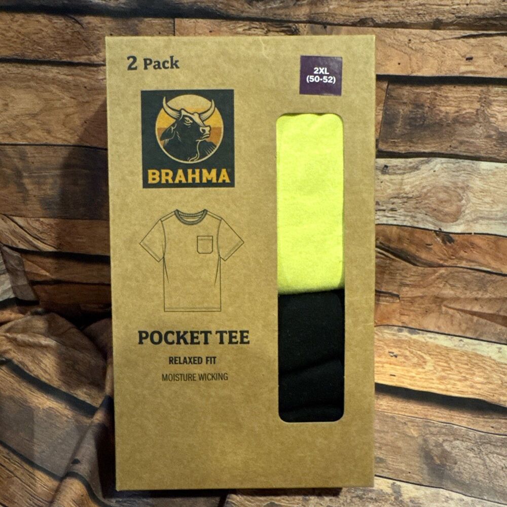 New Brahma Pocket Tee 2 Pack Mens 2XL Black Neon Yellow Work T Shirts 50 52